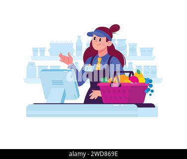 Illustration d'une vendeuse caissière dans un supermarché. Vecteur. Un personnage dans un magasin derrière la caisse vend des marchandises. Mascotte de héros pour un chat Illustration de Vecteur