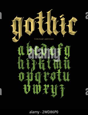 Gothique, de l'alphabet. Vector set. Police de tattoo, personnelle et à des fins commerciales. Les éléments sont isolés sur un fond noir. Et calligraphie Illustration de Vecteur