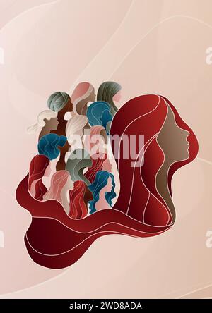 Silhouette de groupe de femmes multiculturelles. Journée internationale de la femme. Diversité - inclusion - concept d'égalité ou d'autonomisation. Anti-racisme. Affiche Illustration de Vecteur