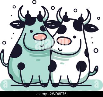 Jolie illustration vectorielle dessinée à la main de deux vaches mignonnes en amour. Illustration de Vecteur