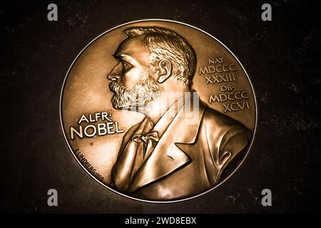 Stockholm : Musée du Prix Nobel, plaque dédiée à Alfred Nobel Banque D'Images