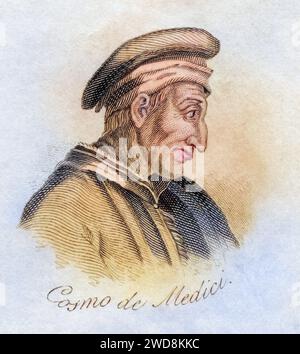 Cosimo de Medici Beiname Cosimo der Ältere Italienisch Cosimo il Vecchio Lateinischer Beiname Pater patriae Vater seines Landes 1389-1464 Gründer einer der Hauptlinien der Medici-Familie, die Florenz von 1434 bis 1537 regierte aus dem Buch Crabbs Dictionnaire historique von 1825, Historisch, digital restaurerte Reproduktion von einer aus dem Vorlage 19. Jahrhundert, Date d'enregistrement non indiquée Banque D'Images