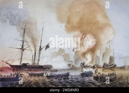 Der Dampfer Nemesis der Hon. East India Company und die Boote Sulpher, Calliope, Larne und Starling zerstören die chinesischen Kriegsdschunken in der Anson's Bay. 7. Januar 1841, Historisch, digital restaurierte Reproduktion von einer Vorlage aus dem 19. Jahrhundert, Date d'enregistrement non indiquée Banque D'Images