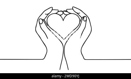 Une ligne continue tirant main tenant le coeur. Symbole linéaire de don de charité. Vecteur isolé sur fond blanc. Illustration de Vecteur