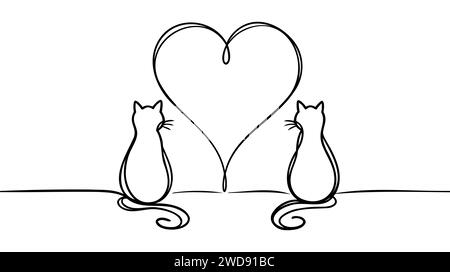 Symbole de chat et de cœur continu sur une ligne. Concept de bannière d'amour d'art de ligne. Dessin à la main, illustration vectorielle de contour. Illustration de Vecteur