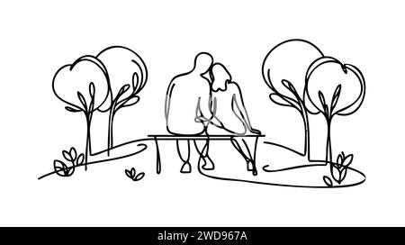 Simple ligne continue dessin romantique couple sur banc dans le parc. Homme heureux embrassant et embrassant la femme. Couple datant célébrer l'anniversaire de mariage. O Illustration de Vecteur