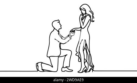 l'homme se tient sur un genou et met un anneau sur le doigt de sa main gauche à une femme debout à côté d'elle - dessin de doodle vectoriel dessiné à la main d'une mariée et Illustration de Vecteur