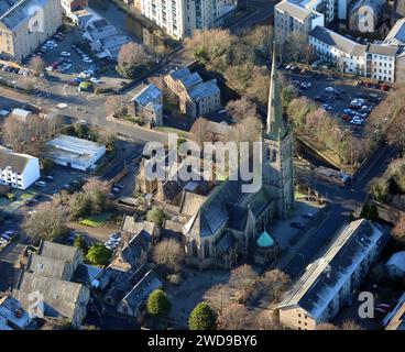 Vue aérienne de la cathédrale de Lancaster (une cathédrale catholique) dans le centre-ville de Lancaster Banque D'Images