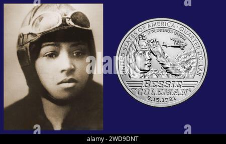 Bessie Coleman, (1892 – 1926) (Premier pilote afro-américain montré avec la pièce d'un quart de dollar frappée en son honneur. Elle a été la première femme afro-américaine à détenir une licence de pilote.[3][4][5][6] elle a obtenu sa licence de la Fédération Aéronautique internationale et est la première personne noire connue à obtenir une licence de pilote international. Elle a également connu sous le nom de Queen Bess et Brave Bessie pour ses performances dans des spectacles aériens très dangereux aux États-Unis. mort dans un accident d'avion en 1926 Banque D'Images
