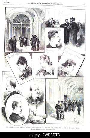 1889-04-08, la Ilustración Española y Americana, Madrid.—Juicio oral y Público del proceso con motivo del crimen de la calle de Fuencarral. Banque D'Images