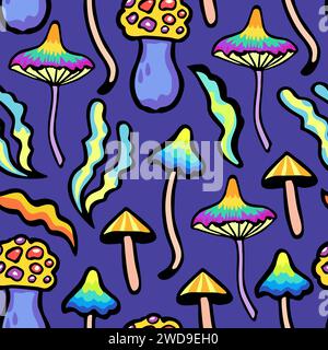 Motif sans couture coloré lumineux avec des champignons fantasy vifs psychédéliques. Illustration vectorielle. Illustration de Vecteur
