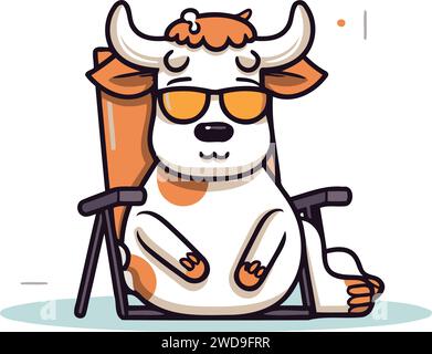 Jolie vache de dessin animé avec des lunettes de soleil assis sur la chaise. Illustration vectorielle. Illustration de Vecteur