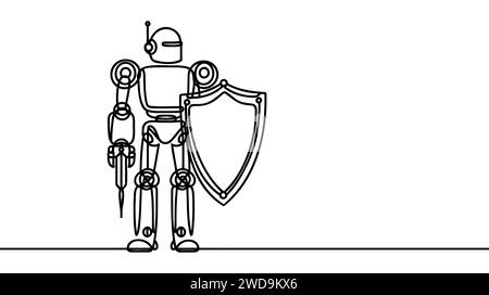 Robot de dessin continu d'une ligne avec bouclier. Robot rétro. Homme d'ordinateur en métal ou cyborgs. Sécurité sur Internet. Illustration de Vecteur