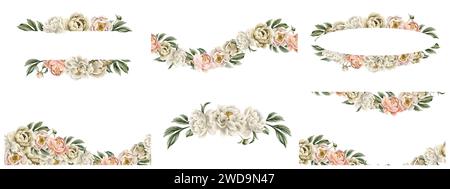 Ensemble de cadres horizontaux et de compositions avec des fleurs de pivoine fuzz pêche beige blanc, des bourgeons et des feuilles vertes. Peinture à la main illustration aquarelle florale Banque D'Images