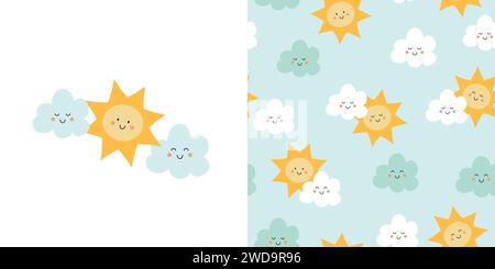Jolie carte de soleil souriante et motif sans couture. Fond pour les enfants avec le soleil et les nuages. Illustration vectorielle. Illustration de Vecteur