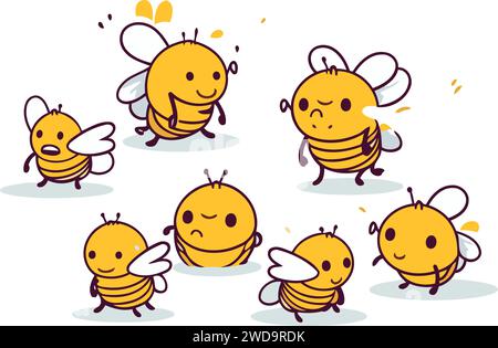 Mignon personnage d'abeille de dessin animé avec diverses expressions faciales. Illustration vectorielle. Illustration de Vecteur