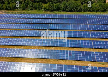 Centrale solaire avec rangées de modules photovoltaïques dans une zone rurale à côté d'une forêt, Allemagne Banque D'Images