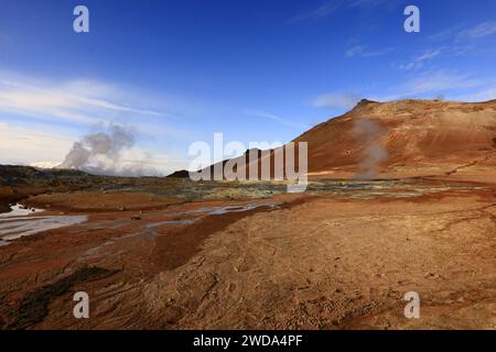 Hverarönd est un site hydrothermal en Islande avec des sources chaudes, des fumerolles, des étangs de boue et des solfatares très actifs. Il est situé dans le nord de l'Islande Banque D'Images
