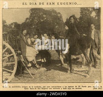 1926-11-16, la Nación, Grupo de madrileños, amigos de la tradición, que ayer concurrieron a los montes de El Pardo para celebrar la típica fiesta de San Eugenio con merienda y baile bajo las encinas, Pío. Banque D'Images