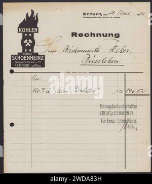 1934-04-23 Vordruck Rechnung mit logo Kohlen Heinz Schoenheinz, Briketts für Bäckermeister Weber, Rüssleben. Banque D'Images