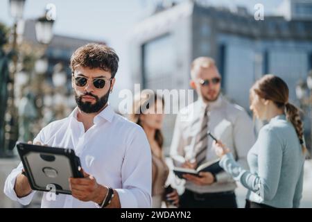 L'équipe d'entreprise basée dans la ville discute des stratégies d'investissement, de la gestion de la chaîne d'approvisionnement et de l'expansion durable des affaires. Banque D'Images