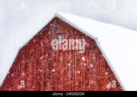 Grange rouge lors d'un tremblement de neige par effet de lac dans le comté de Mecosta, Michigan, États-Unis [pas d'autorisation du propriétaire ; licence éditoriale uniquement] Banque D'Images