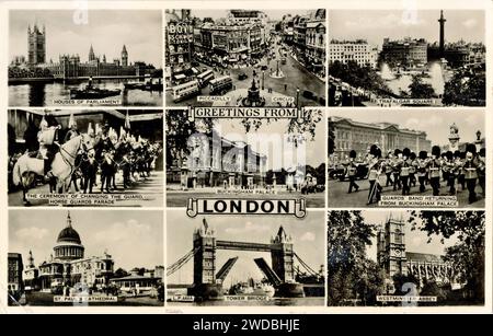 Carte postale en noir et blanc des scènes de Londres, oblitérée 1954. Banque D'Images