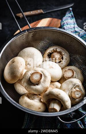 Champignons de Paris blancs frais dans une passoire en métal Banque D'Images