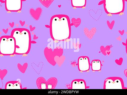 Valentines Hearts Pingouin sans couture et modèle d'amour pour envelopper le papier et les tissus et les draps et les vêtements pour enfants imprimer et emballage festif et fête a Banque D'Images