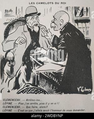 19090404 caricature de Louis Lépine et Georges Clémenceau à propos des Camelots du roi dans le Panache. Banque D'Images