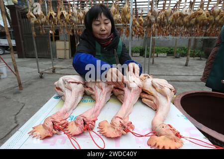 MEISHAN, CHINE - 19 JANVIER 2024 - les gens sèchent leur propre poulet séché à l'air libre dans la communauté de Luoping, dans la ville de Meishan, province du Sichuan, en Chine, le 19 janvier 202 Banque D'Images