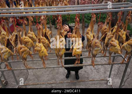 MEISHAN, CHINE - 19 JANVIER 2024 - les gens sèchent leur propre poulet séché à l'air libre dans la communauté de Luoping, dans la ville de Meishan, province du Sichuan, en Chine, le 19 janvier 202 Banque D'Images