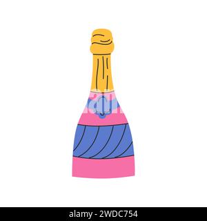 Bouteille de vin rose dans un style plat. Illustrations vectorielles de la Saint-Valentin griffonnées. Bon pour les autocollants, la conception de cartes, les étiquettes, clipart Illustration de Vecteur
