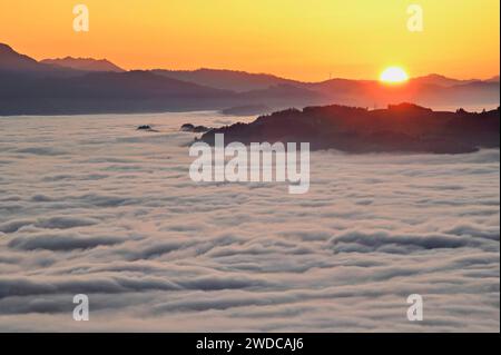 Coucher de soleil sur la mer de brouillard, Canton Zoug, Suisse Banque D'Images