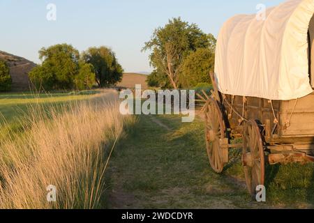 Walla Walla, WA, USA - 24 mai 2023 ; wagon couvert sur Oregon Trail reconstruit à Whitman Mission NHS Banque D'Images