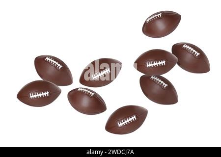 Beaucoup de balles de football américain volant sur fond blanc Banque D'Images