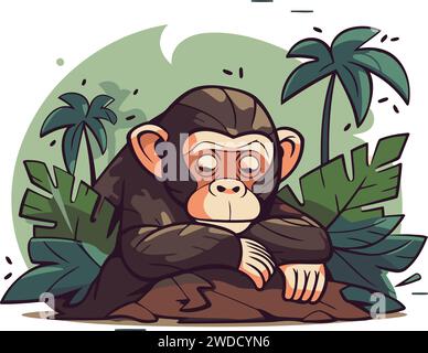 Singe assis sur le rocher dans la jungle. Illustration vectorielle. Illustration de Vecteur