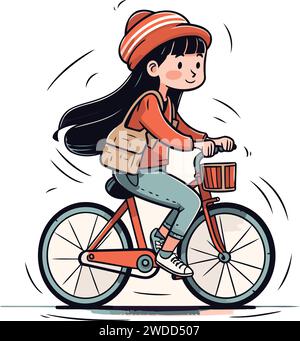 Mignonne fille à vélo. Illustration vectorielle dans le style comique de bande dessinée. Illustration de Vecteur