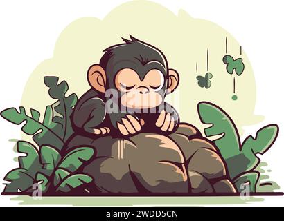 Singe assis sur un rocher dans la jungle. Illustration vectorielle. Illustration de Vecteur