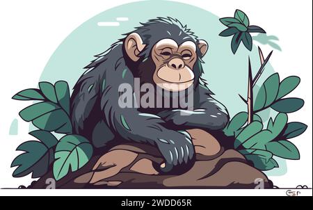 Singe assis sur un rocher dans la jungle. Illustration vectorielle. Illustration de Vecteur