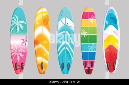Conception d'ensemble vectoriel d'élément de planche de surf d'été. Collection de planche de surf en motif coloré et imprime la décoration pour l'activité de surf. Illustration vectorielle Illustration de Vecteur