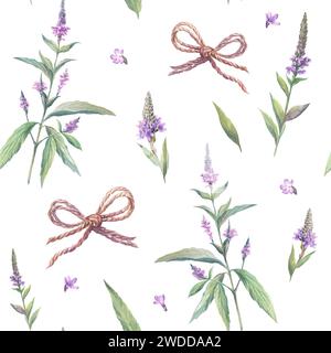 Motif sans couture de verveine médicinale et d'arcs de corde sur un fond blanc. Illustration à l'aquarelle de brindilles de fleurs de lilas et de feuilles de verveine. Pour impression Banque D'Images