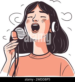 Femme chantant karaoké avec microphone. Illustration vectorielle dans le style de bande dessinée. Illustration de Vecteur