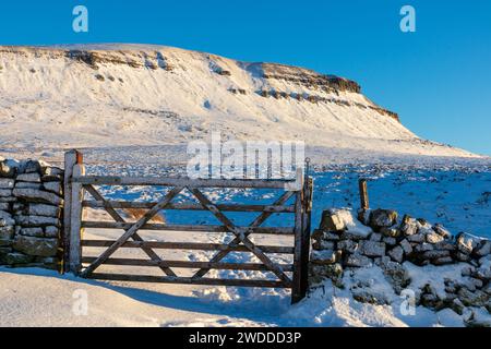 Une porte dans un mur de pierres sèches, avec Pen-y-ghent en arrière-plan. Prise un jour d'hiver dans le parc national des Yorkshire Dales en Angleterre, avec de la neige. Banque D'Images