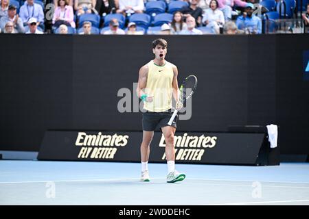 Melbourne, Australie. 18 janvier 2024. Carlos Alcaraz d'Espagne lors du tournoi de tennis Australian Open AO 2024 Grand Chelem le 18 janvier 2024 au Melbourne Park en Australie. Crédit : Victor Joly/Alamy Live News Banque D'Images