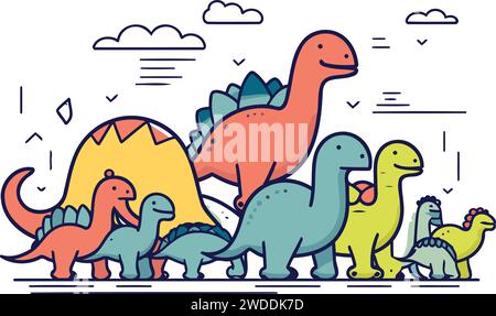 Illustration vectorielle dinosaure dans le style de ligne plate. Mignons dinosaures. tricératops. diplodocus. tyrannosaurus. ptérodactyle. stegosaurus. tricératops. diplod Illustration de Vecteur