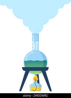 Le tube à essai est chauffé sur le feu d'une lampe à alcool, un brûleur. Chimie, expérience scientifique en laboratoire. Procédé de combustion, chauffage. Évaporation pr Illustration de Vecteur