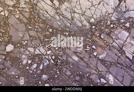 Arrière-plan de la surface des pierres caillouteuses brisées dans la région de montagne. Texture plate avec lumière naturelle Banque D'Images