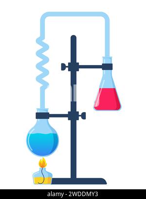 Le tube à essai est chauffé sur le feu d'une lampe à alcool, un brûleur. Chimie, expérience scientifique en laboratoire. Procédé de combustion, chauffage. Évaporation pr Illustration de Vecteur