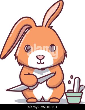 Lapin avec illustration vectorielle de dessin animé de caractère de couteau. Mignon lapin avec couteau tranchant. Illustration de Vecteur